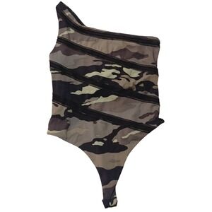 Victoria Sport One Shoulder Bodysuit Camo‎ Print Mesh Top SKUW680